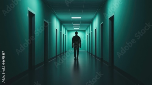 A solitary silhouette of a person standing at the end of a long dark and foreboding hallway creating a sense of suspense mystery and unease The dimly lit