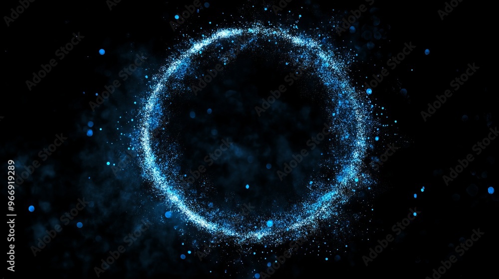 Blue glitter circle of light foggy and blue spark particles in circle frame on black background. Christmas magic stars glow, firework confetti of glittery ring shimmer Blue glitter circle of light foggy and blue spark particles in circle frame on black background. Christmas magic stars glow, firework confetti of glittery ring shimmer