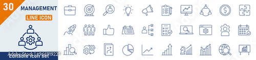 Management line icon set. Set of 30 outline icons related to management, business, success, target, plan and others. Management outline icons collection. Vector illustration.