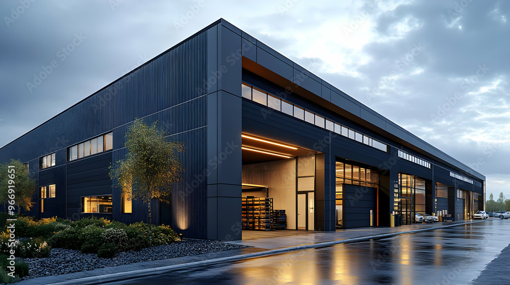 A modern industrial building with large windows and a sleek design, set against a cloudy sky. A modern industrial building with large windows and a sleek design, set against a cloudy sky.