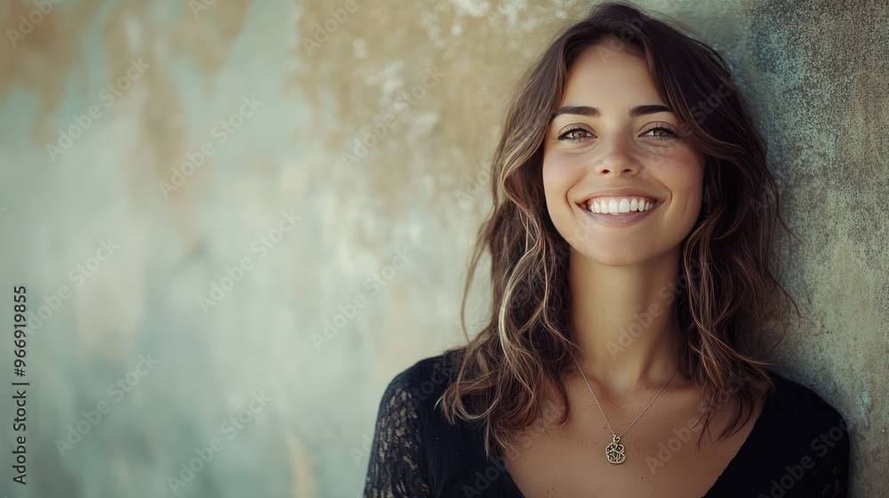 A horizontal portrait of a smiling woman standing against a textured wall, with a shallow depth of field effect A horizontal portrait of a smiling woman standing against a textured wall, with a shallow depth of field effect