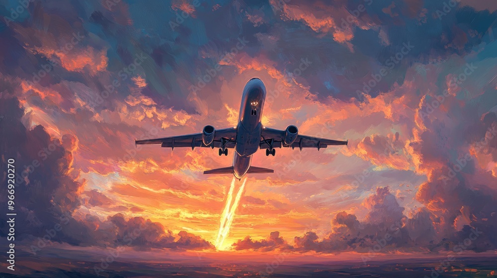 Fototapeta premium A horizontal view of a plane taking off into a dramatic sky with sunset colors, leaving a trail behind