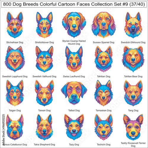 Dog Breeds Colorful Cartoon Dog Faces Collection Set of 800 Dog Faces Isolated Part 37