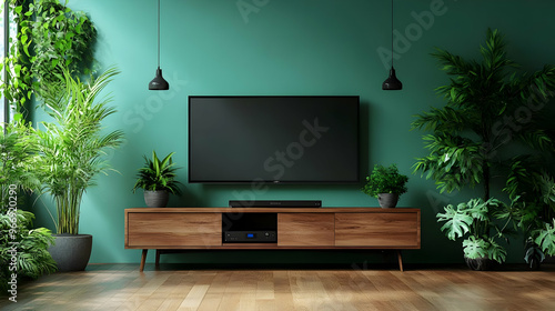 A modern living room setup featuring a TV, wooden cabinet, and indoor plants against a green wall.