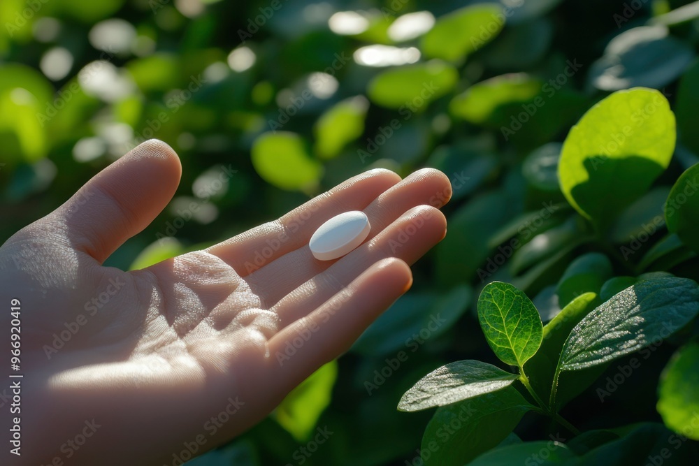 White Pill Held in Hand Against Green Foliage White Pill Held in Hand Against Green Foliage