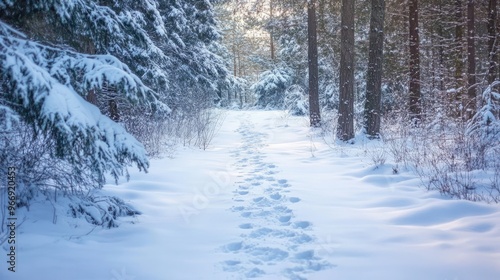 A horizontal view of a snow-covered path in a winter forest, with footprints leading through the trees