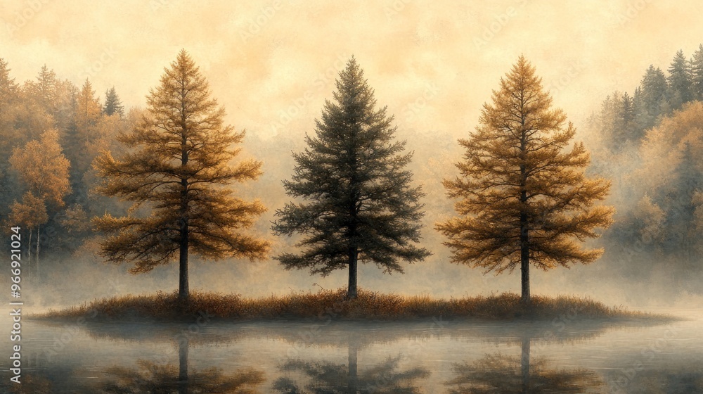 Three Trees Stand Tall on a Misty Lake Island Three Trees Stand Tall on a Misty Lake Island