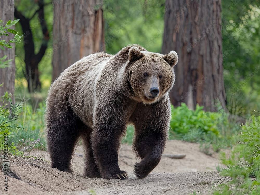 Wild brown bear (Ursus arctos) in the summer forest. Animal in natural habitat Wild brown bear (Ursus arctos) in the summer forest. Animal in natural habitat