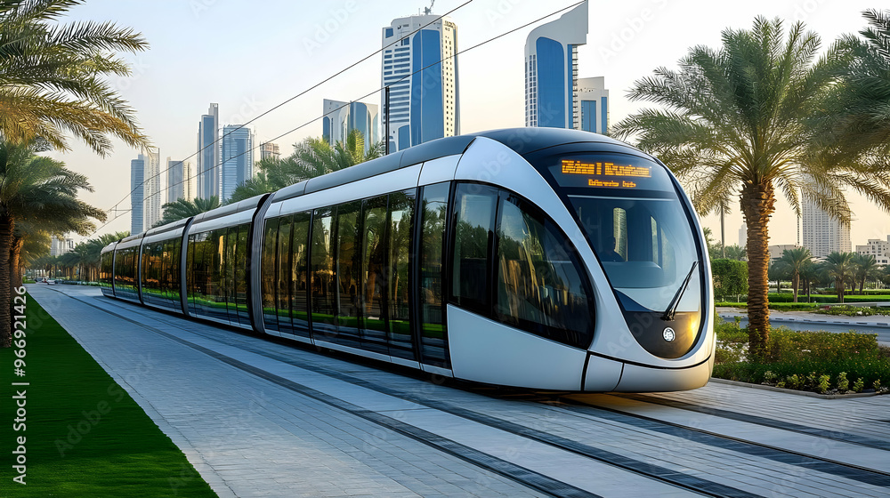 A modern tram in an urban setting with palm trees and skyscrapers in the background. A modern tram in an urban setting with palm trees and skyscrapers in the background.