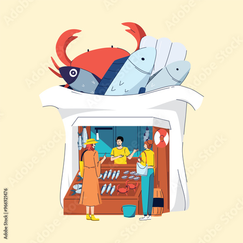 Seafood Market Shop Illustration with Building Shaped as a Bag Featuring Fresh Fish and Crabs in a Coastal Setting