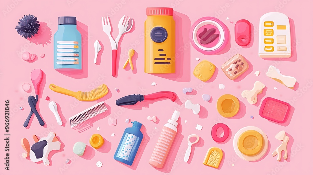 A Collection of Dog Care Essentials on Pink Background A Collection of Dog Care Essentials on Pink Background