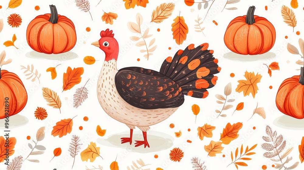 Autumnal Turkey Illustration with Pumpkins and Leaves Seamless Pattern Autumnal Turkey Illustration with Pumpkins and Leaves Seamless Pattern