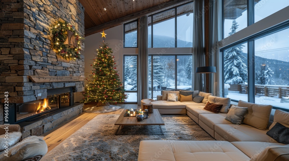 Christmas Tree in Elegant Chalet Living Room with Stone Walls, Fireplace, and Modern Sofas Christmas Tree in Elegant Chalet Living Room with Stone Walls, Fireplace, and Modern Sofas