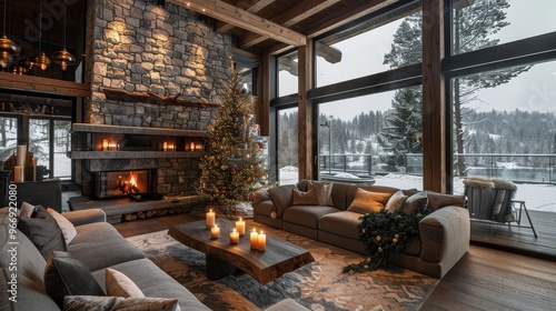 Christmas Tree in Elegant Chalet Living Room with Stone Walls, Fireplace, and Modern Sofas