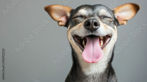 Closeup portrait of a happy smiling dog with its tongue playfully sticking out showing a joyful and energetic mood The canine appears to be in a cheerful friendly and fun loving state of mind