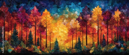 Abstract Mosaic of Autumnal Forest with Blue Sky