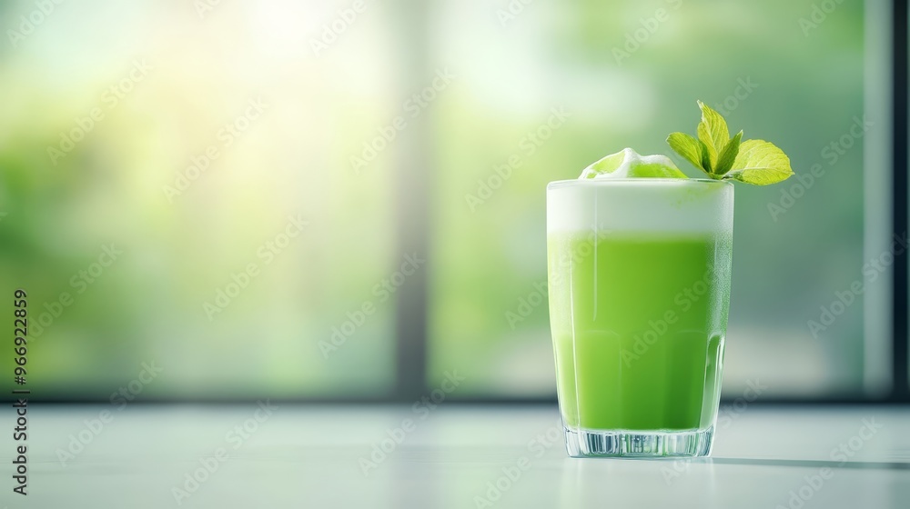 Refreshing Green Smoothie with Mint Garnish in Glass on White Table Refreshing Green Smoothie with Mint Garnish in Glass on White Table