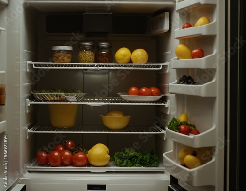 Wallpaper Mural plastic containers with different fruits and vegetables in a open fridge. frozen food storage. Ai generated images Torontodigital.ca