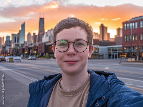 Selfie with a skyline at sunset photo