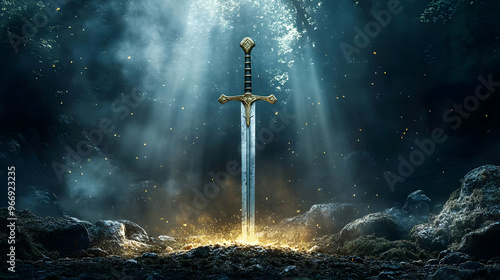 A mystical sword stands upr...