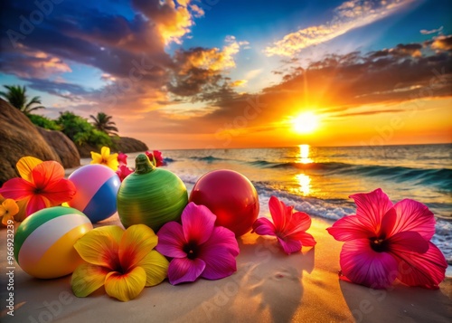 "Vibrant hibiscus flowers blooming amidst colorful beach balls and inflatables on a sun-kissed sandy shoreline at dusk."