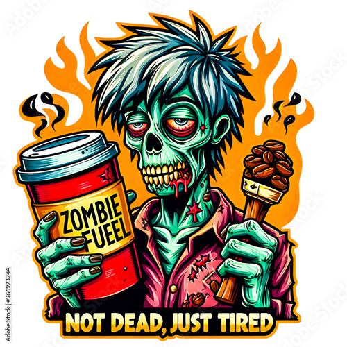 A cartoon zombie with messy hair and droopy eyes, holding a giant coffee cup labeled Zombie Fuel t-shirt design vector art image.
 photo