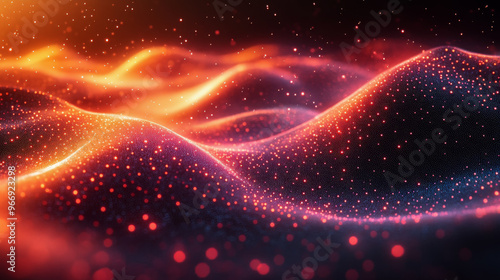 Abstract digital art featuring glowing waves in orange and red, set against a black background with luminous particles, creating a warm and futuristic feel