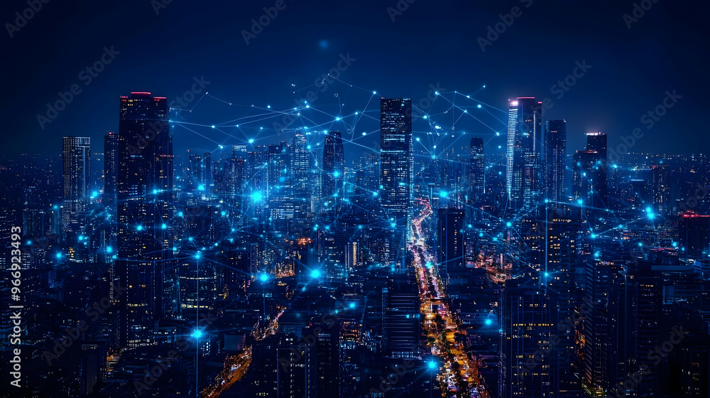Fototapeta premium A nighttime cityscape illuminated with blue digital connections, symbolizing technology and networking.