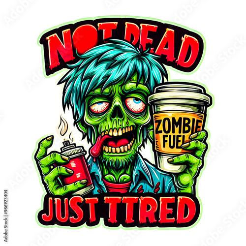 A cartoon zombie with messy hair and droopy eyes, holding a giant coffee cup labeled Zombie Fuel t-shirt design vector art image.
 photo