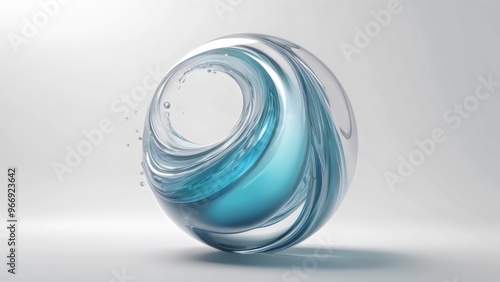 A clear spiraling sphere with a blue liquid water inside. It has smooth curves, minimalistic and small bubbles isolated on a plain light white background. 