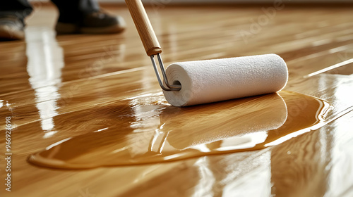 A paint roller on a wooden ...