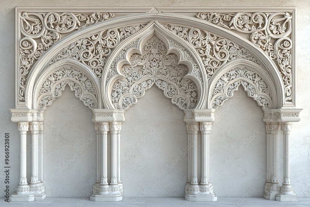white teak wooden islamic ornament with large arch and small arches and elegant carvings and royal style white teak wooden islamic ornament with large arch and small arches and elegant carvings and royal style