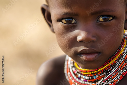 Portrait of a Maasai child with traditional jewelry, Kenya photo