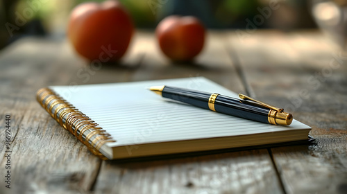 A pen and notebook on a woo...