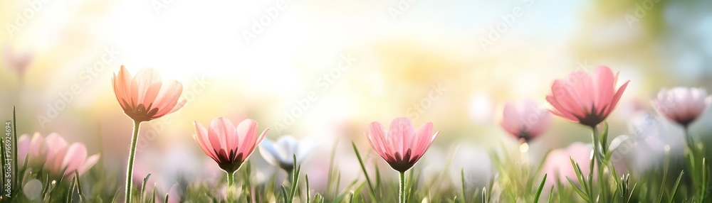Pink Flowers Blooming in Sunlit Meadow Pink Flowers Blooming in Sunlit Meadow