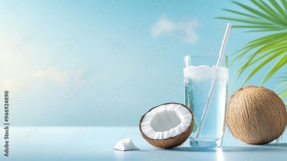 Refreshing Coconut Water with Palm Leaf on Blue Background Refreshing Coconut Water with Palm Leaf on Blue Background