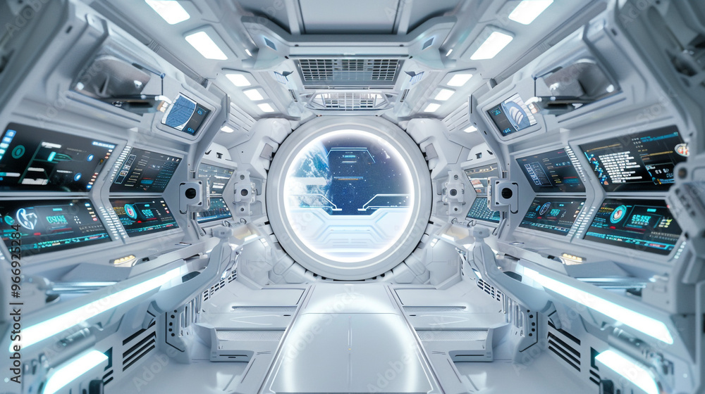 Futuristic Spacecraft Interior with Sleek Design and Advanced Technology. A modern spacecraft interior featuring sleek walls, illuminated pathways, and high-tech control panels, emphasizing a clean. Futuristic Spacecraft Interior with Sleek Design and Advanced Technology. A modern spacecraft interior featuring sleek walls, illuminated pathways, and high-tech control panels, emphasizing a clean.