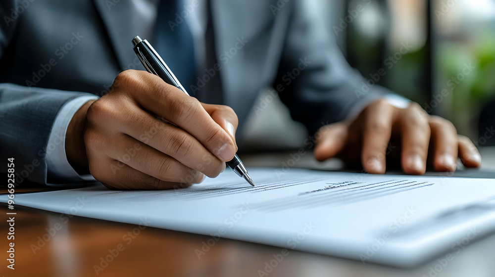 A person in a suit signing a document with a pen on a wooden desk. A person in a suit signing a document with a pen on a wooden desk.