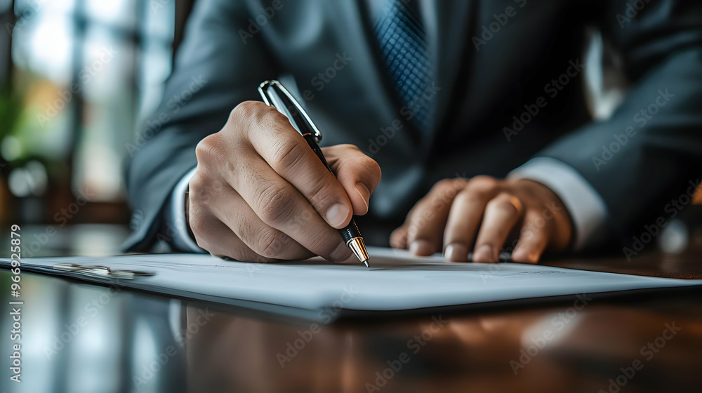 A person in a suit writing on a blank sheet of paper with a pen. A person in a suit writing on a blank sheet of paper with a pen.