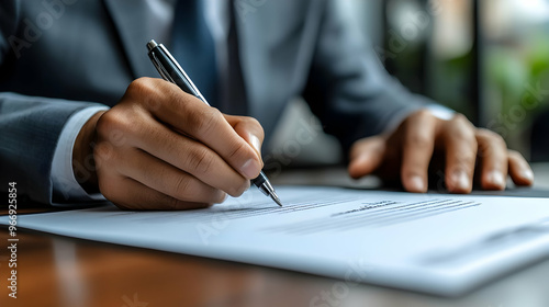 A person in a suit signing a document with a pen on a wooden desk.