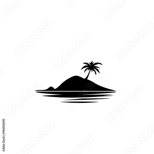 Minimalist island silhouette with palm tree, A simple black-and-white minimalist illustration of a small island with a lone palm tree, reflecting tranquility and tropical vibes.
