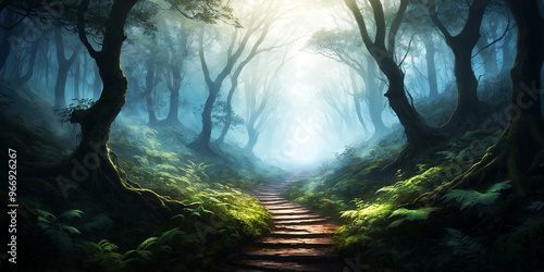 The misty path winds through the dark forest, with wooden steps, a deep mystical atmosphere