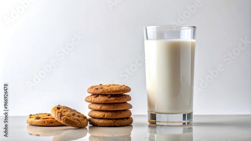 Stock photo of a glass of milk and cookies on a white background