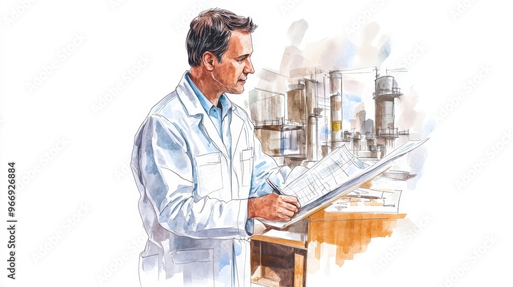Engineer reviewing blueprints in a factory setting Engineer reviewing blueprints in a factory setting