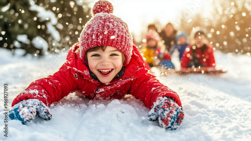 A happy child in red winter gear lies joyfully on the snow, with a bright smile and snowflakes sparkling around. Other children are in the background, enjoying the playful winter day.