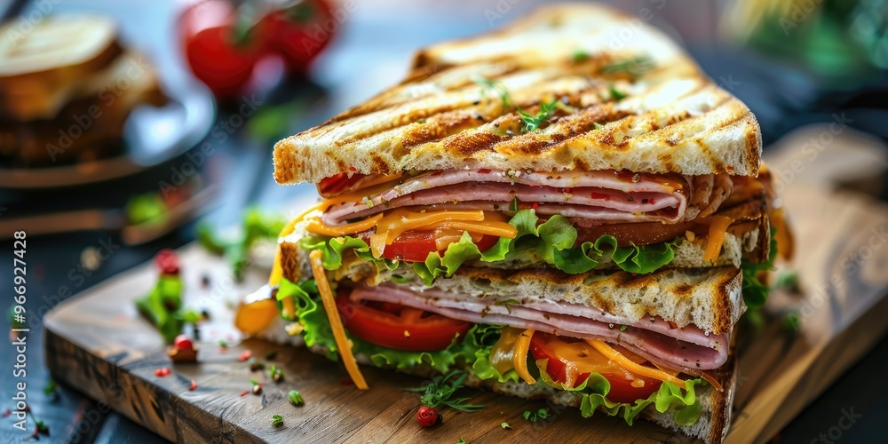 Delicious Club Sandwich Featuring Ham, Cheese, Tomatoes, and Lettuce on a Wooden Surface - Close-Up Image Delicious Club Sandwich Featuring Ham, Cheese, Tomatoes, and Lettuce on a Wooden Surface - Close-Up Image