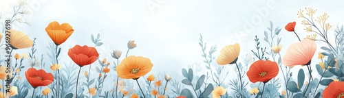 Watercolor Floral Background with Poppies and Greenery