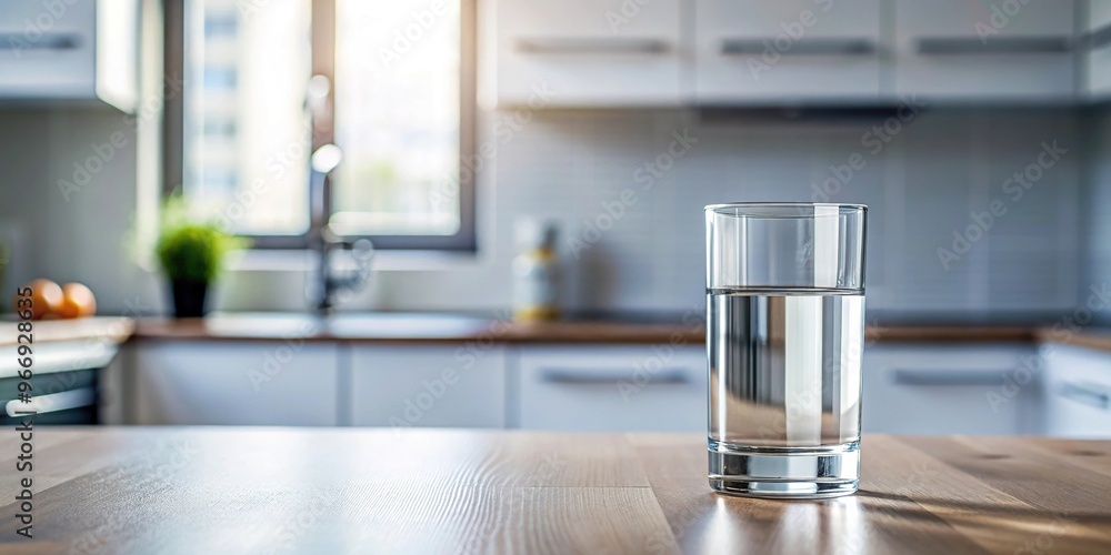 Stock photo of water in a glass standing in the kitchen near the decanter