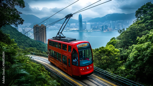A red tram travels down a s...