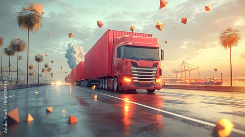 A red truck navigating a re...